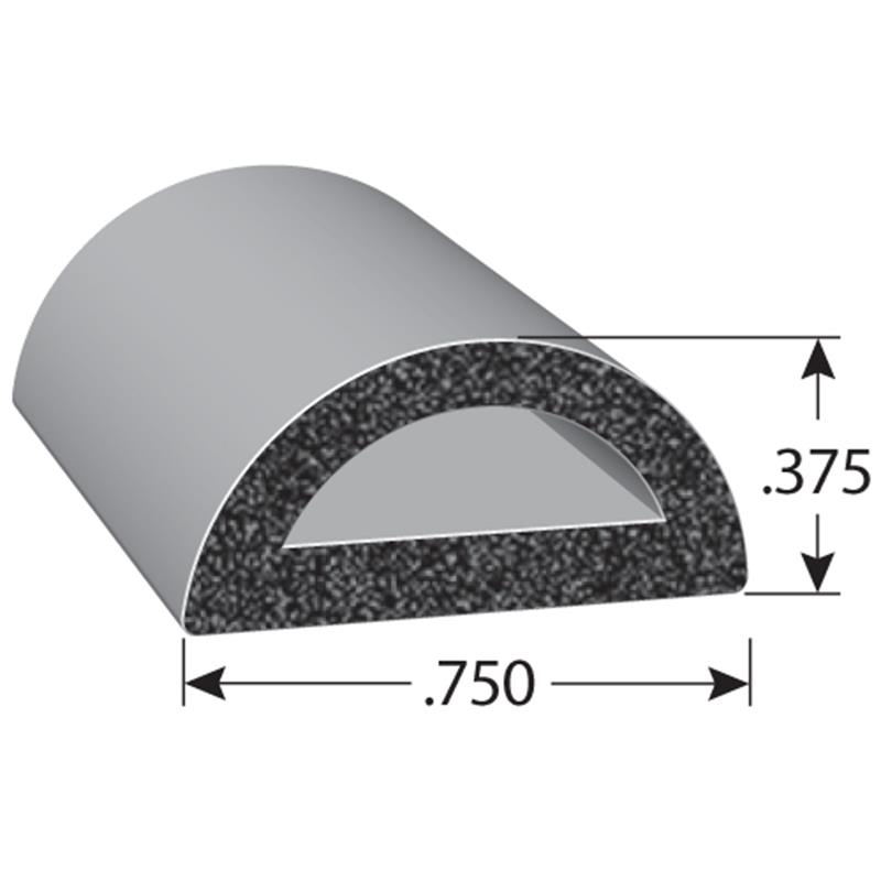 D-shaped rubber seal measuring .375 inch tall by .750 inch wide