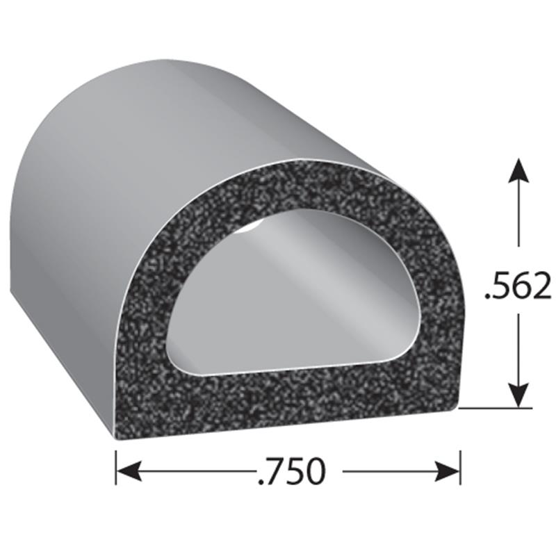 D-shaped EPDM Sponge Rubber Seal, with a height of .562" and a width of .750".
