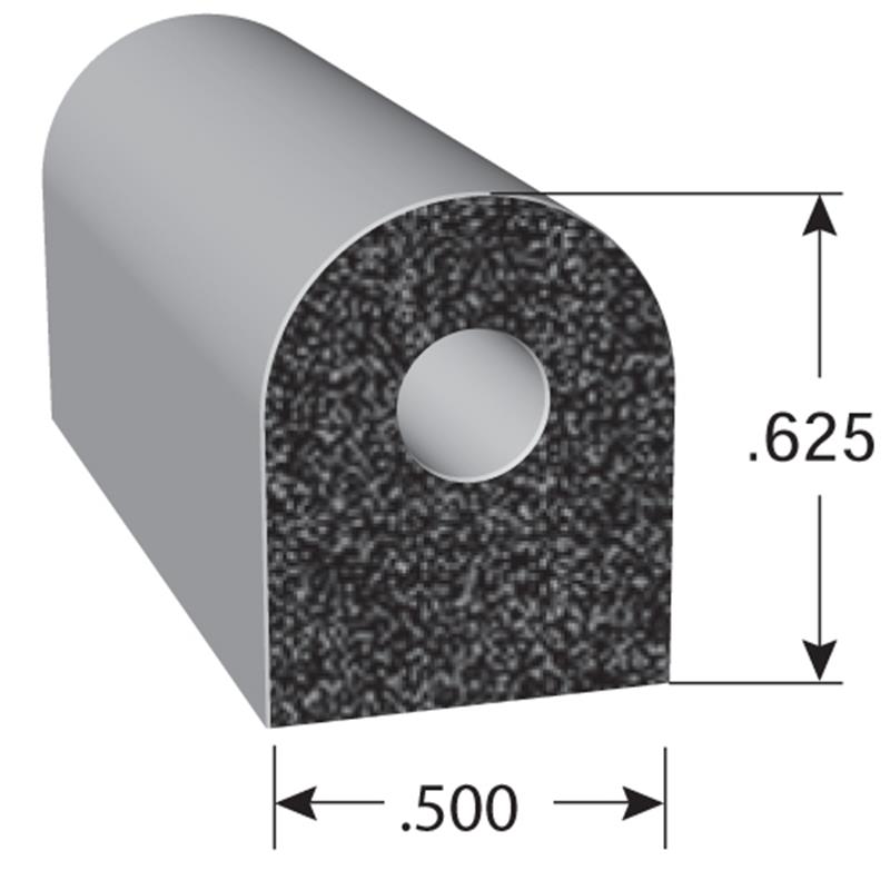 D-shaped EPDM Sponge Rubber Seal, with a height of .625" and a width of .500".
